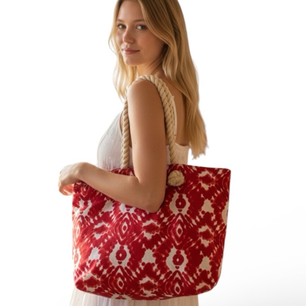 Old Navy Red and White Tie Dye Large Canvas Tote Bag Rope Handles